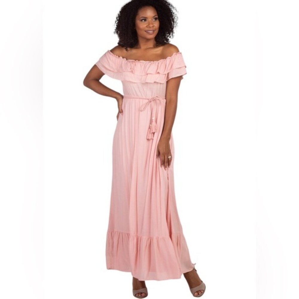 Dress Day Pink Off Shoulder Boho Maxi Dress Tassel Tie NWT Small
